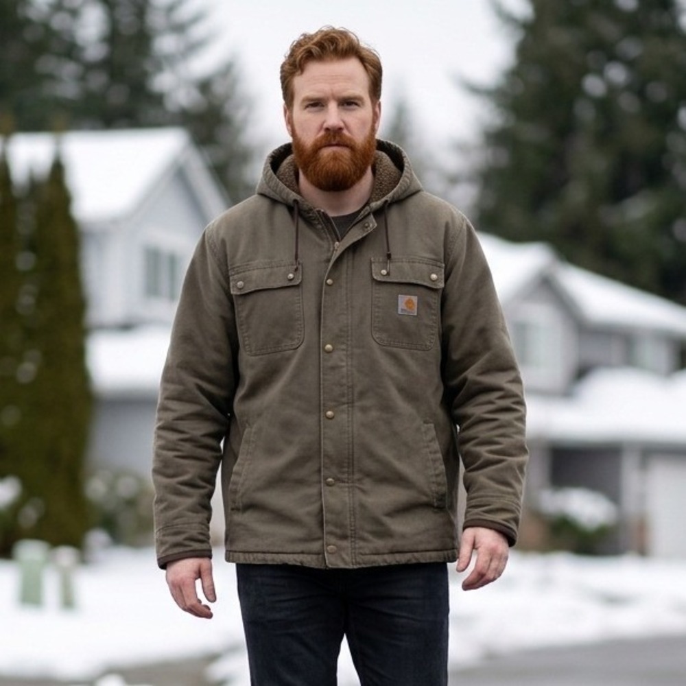 Carhartt Sandstone Hooded Multipocket Jacket Green Fuzzy Lined Chore Gorp XLT